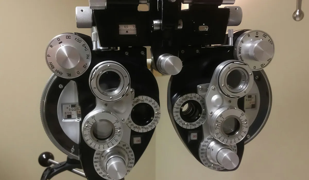 Close-up of an eye exam evaluating corneal nerve health after LASIK