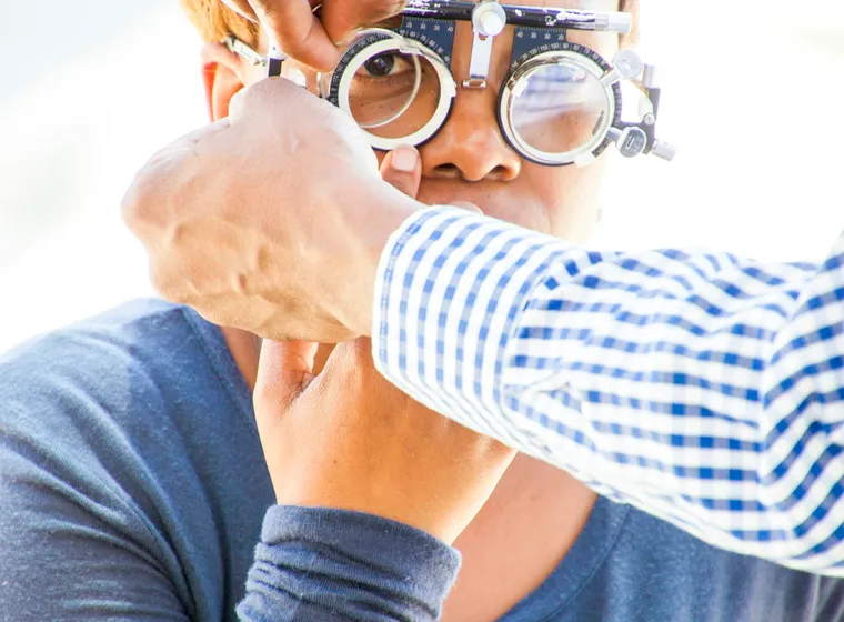A patient being fitted for vision correction at Netra Eye Institute